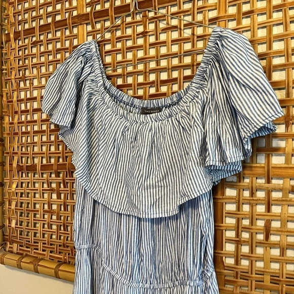 SANS SOUCI High Low Ruffled off shoulder Maxi Dress Blue White Stripe m - Picture 6 of 9